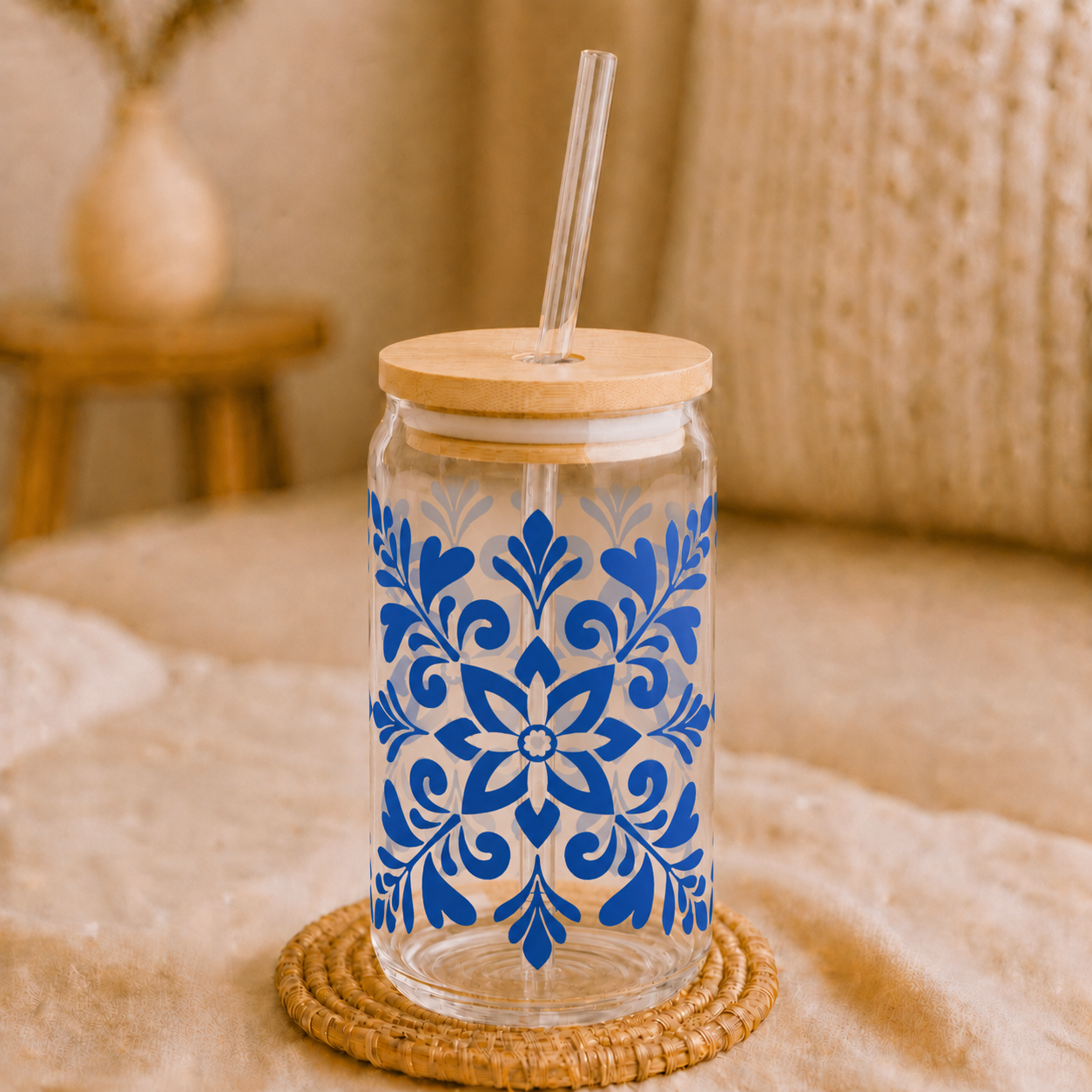 Blue Floral Mason Sipper Glass