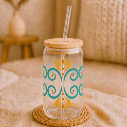 Turquoise Floral Glass Cup with Lid & Straw