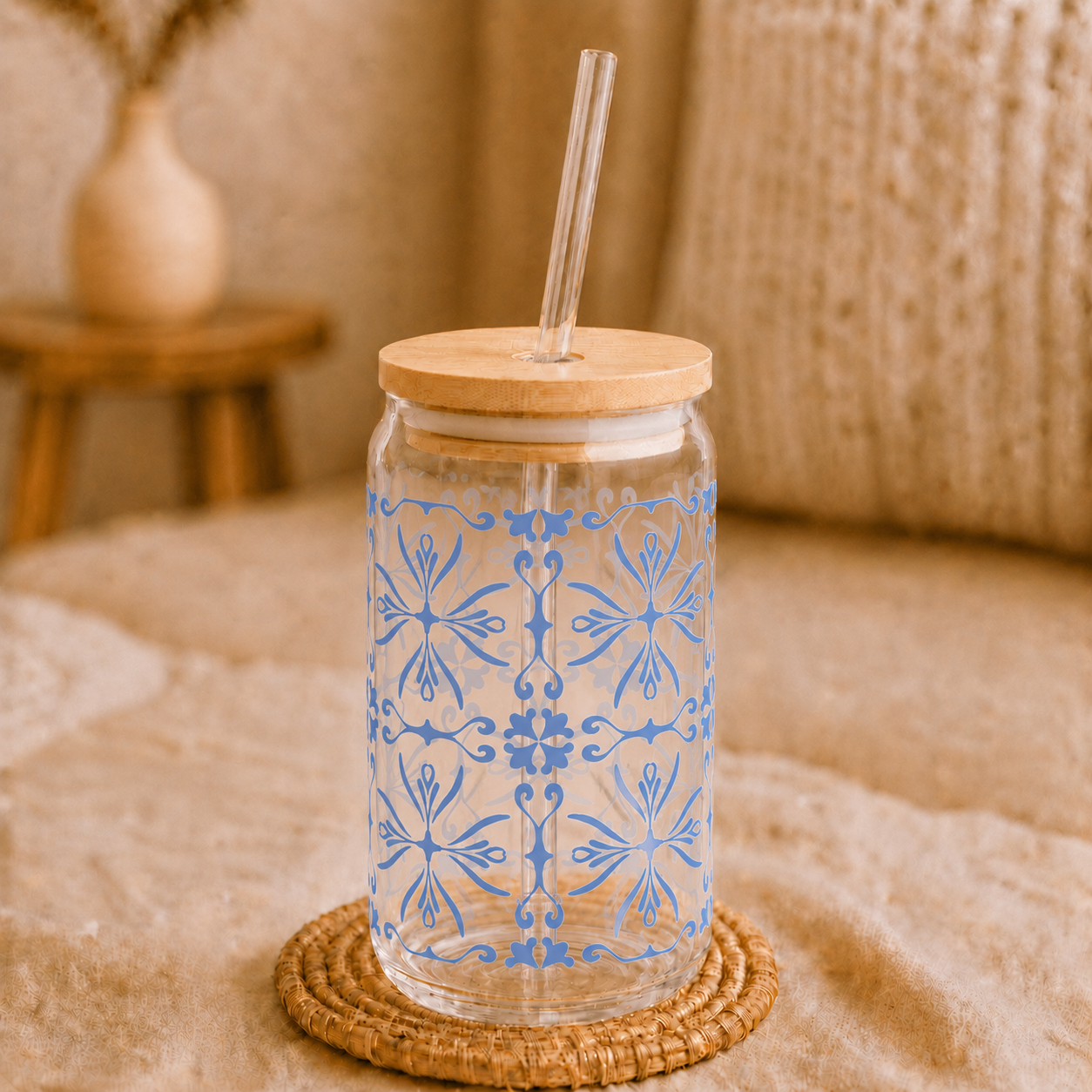 Blue Ornamental Glass Cup with Lid & Straw – 16oz Vintage Floral Drinkware