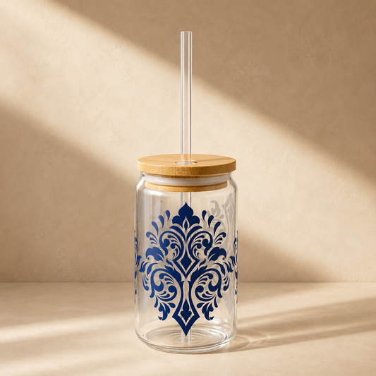 Royal Blue Damask Glass Cup with Lid & Straw – 16oz Vintage Aesthetic Drinkware