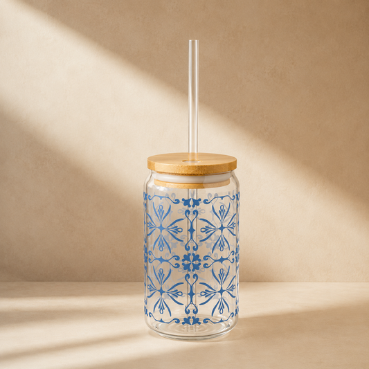 Blue Ornamental Glass Cup with Lid & Straw – 16oz Vintage Floral Drinkware