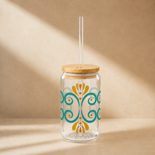 Turquoise Floral Glass Cup with Lid & Straw
