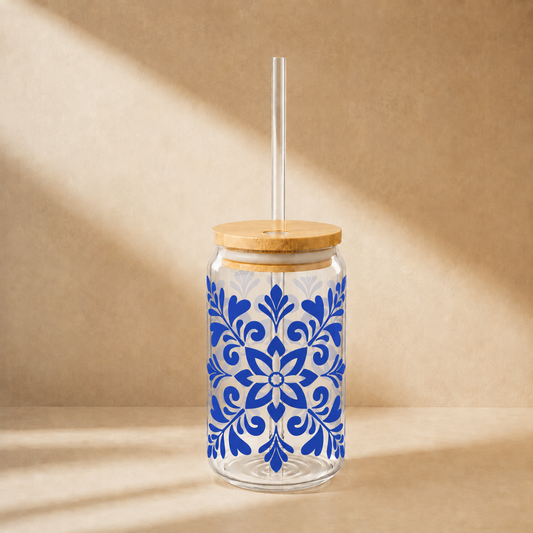 Blue Floral Mason Sipper Glass