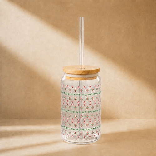 Red Green Ikat Glass Cup with Lid & Straw