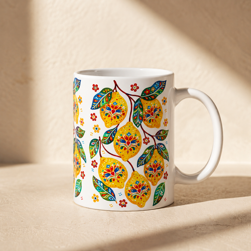 Lemon Blossom Ceramic Mug — Colorful Floral Fruit Pattern (11oz, 15oz)
