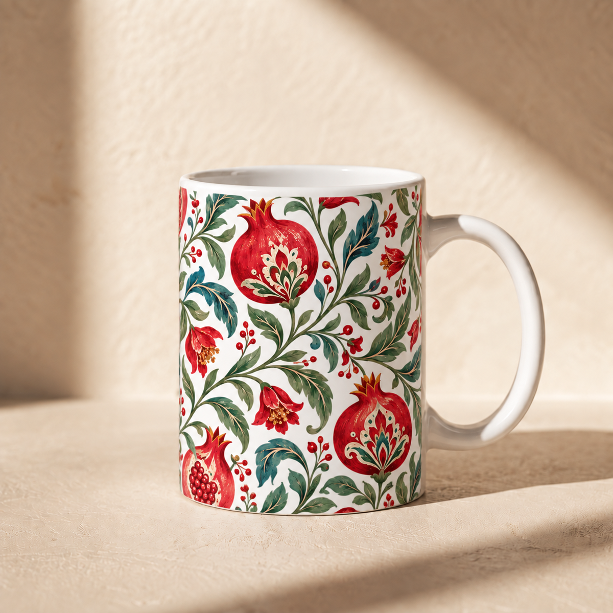 Pomegranate Floral Ceramic Mug — Red & Green Botanical Pattern (11oz, 15oz)