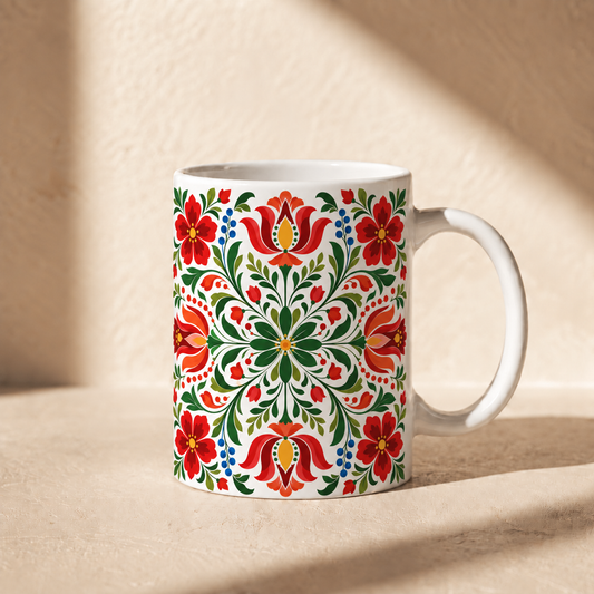 Floral Folk Art Ceramic Mug — Red & Green Patterned 11oz/15oz