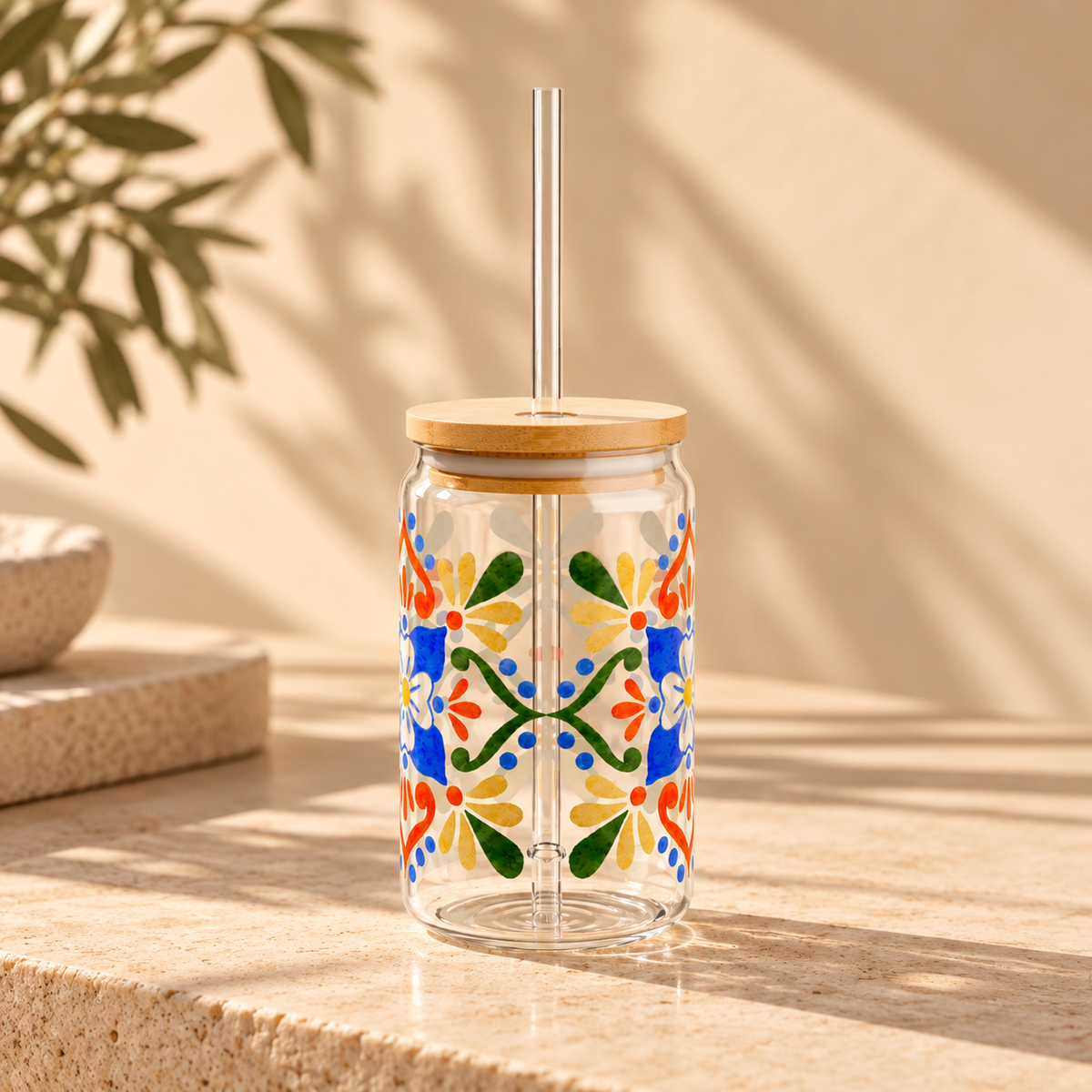Colorful Mediterranean Floral Glass Cup with Lid & Straw