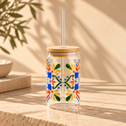 Colorful Mediterranean Floral Glass Cup with Lid & Straw