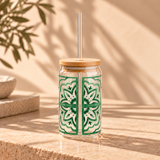 Emerald Moroccan Tile Glass Cup with Lid & Straw – 16oz Aesthetic Vintage Drinkware