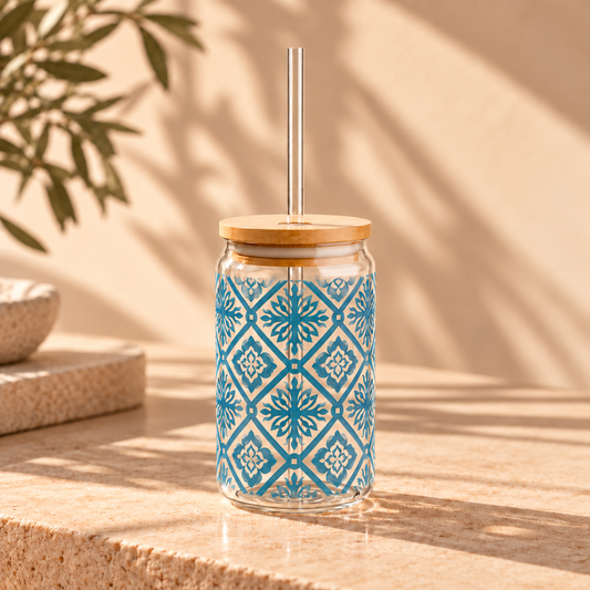 Blue Moroccan Tile Glass Cup with Lid & Straw