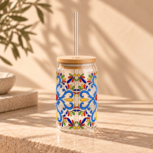 Colorful Folk Mosaic Glass Cup with Lid & Straw