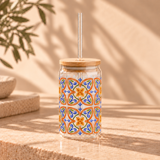 Terracotta Mediterranean Tile Glass Cup with Lid & Straw, 16oz Vintage Mosaic Drinkware