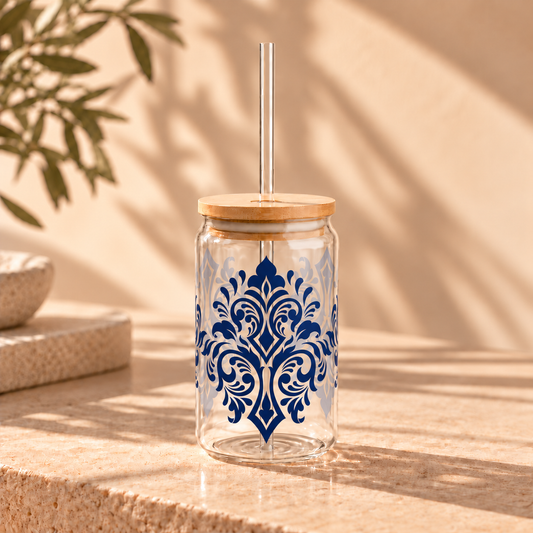 Royal Blue Damask Glass Cup with Lid & Straw – 16oz Vintage Aesthetic Drinkware