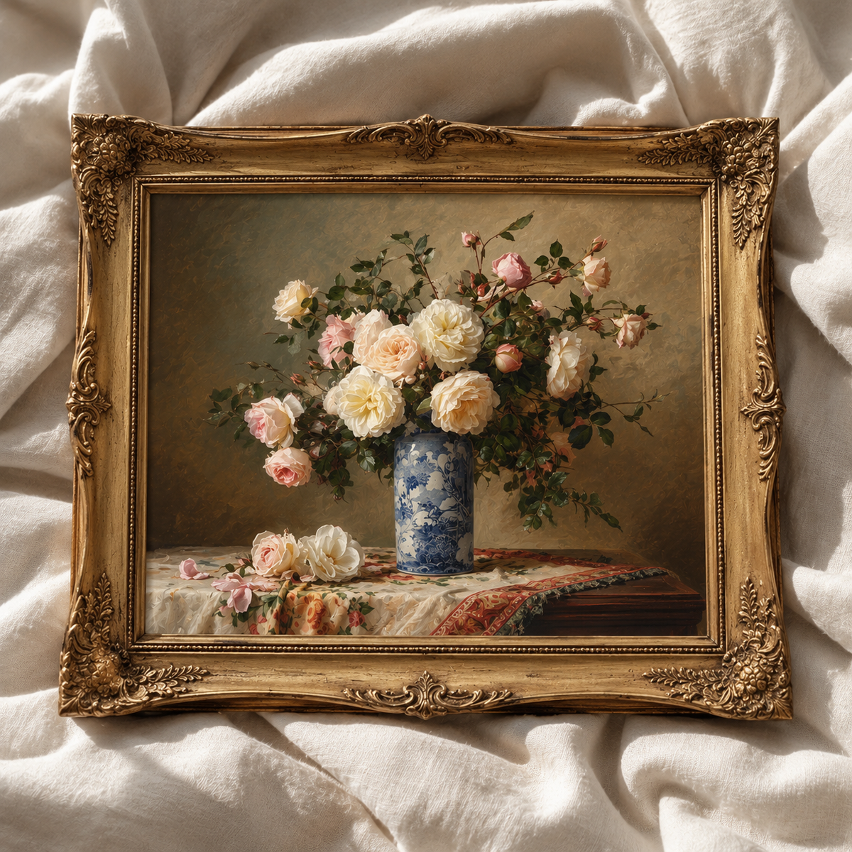 Vintage Pink and Cream Roses in Blue Porcelain Vase