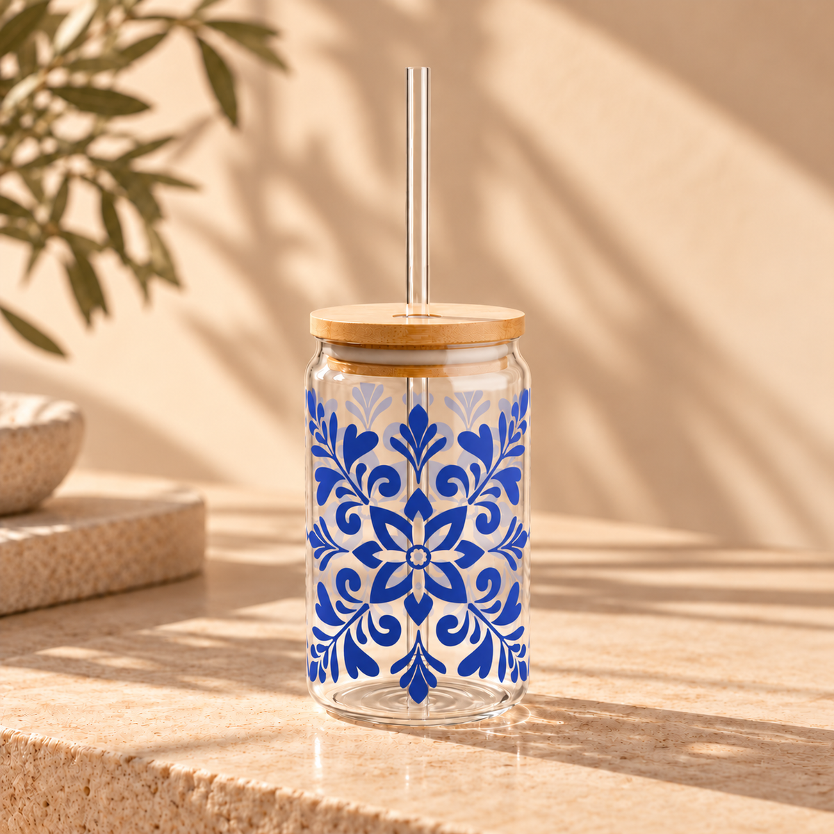 Blue Floral Mason Sipper Glass