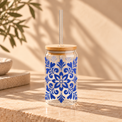 Blue Floral Mason Sipper Glass