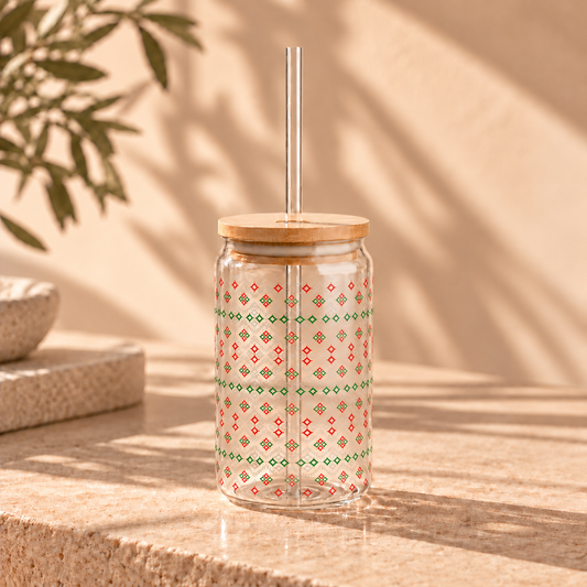 Red Green Ikat Glass Cup with Lid & Straw