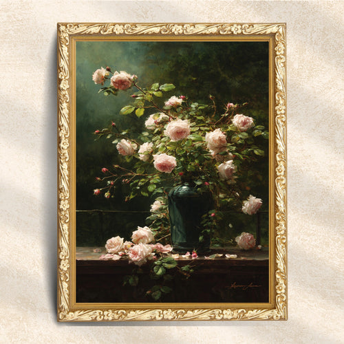 Vintage Pink Roses in Green Vase Still Life (Digital Download)
