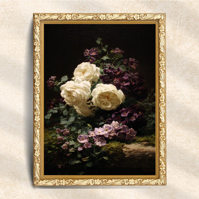 Vintage White Rose Floral Still Life Print