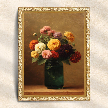 Vintage Zinnia Bouquet in Green Glass Vase (Digital Download)