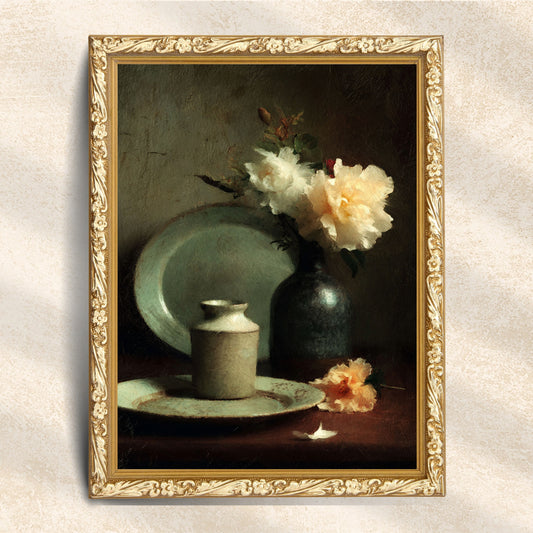 Vintage Cream Roses in Rustic Ceramic Vases