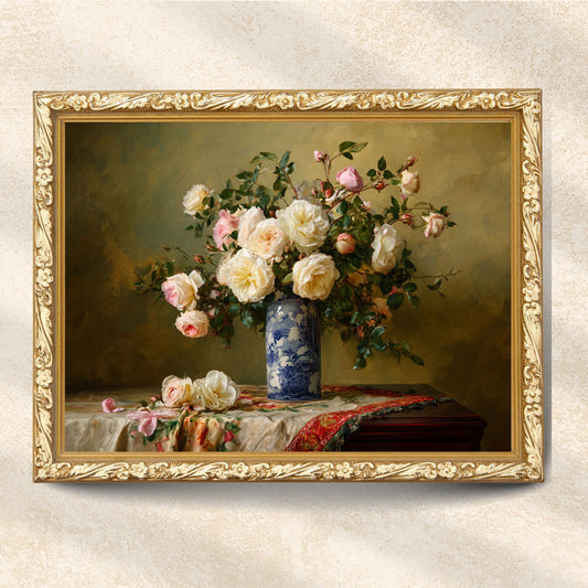 Vintage Pink and Cream Roses in Blue Porcelain Vase