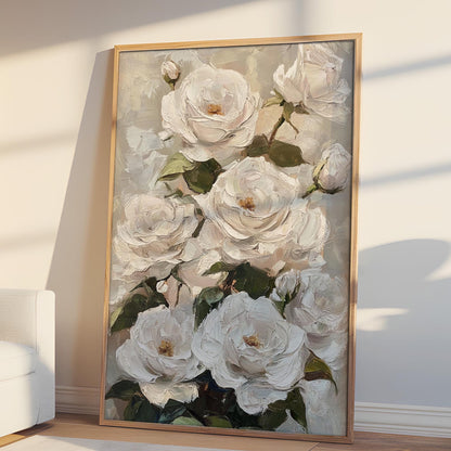 Vintage White Roses Impressionist Floral Art (Digital Download)