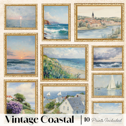 10 Vintage Coastal Art Prints – Neutral Beach Gallery Wall Set (Digital Download)
