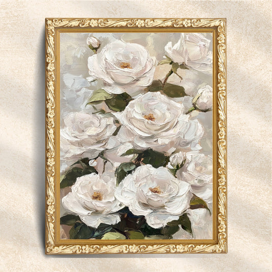 Vintage White Roses Impressionist Floral Art (Digital Download)