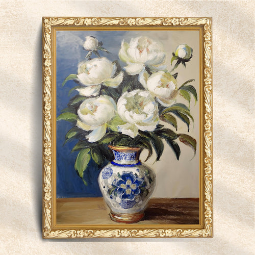 Vintage White Peonies in Blue Porcelain Vase (Digital Download)