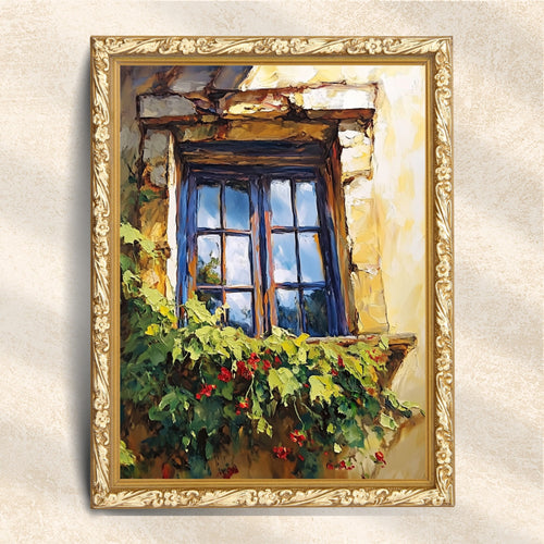 Vintage Rustic Window with Greenery Painting (Digital Download)