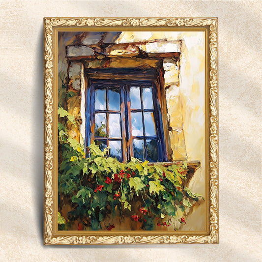 Vintage Rustic Window with Greenery Painting (Digital Download)