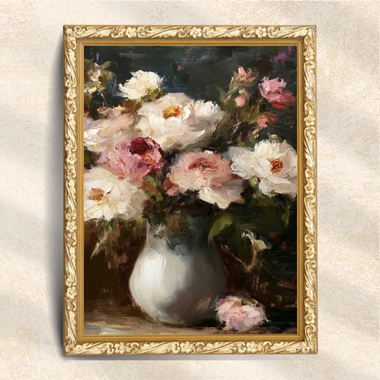 Vintage Impressionist Rose Bouquet in White Vase (Digital Download)